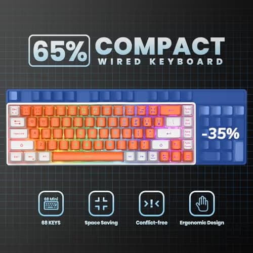 GEODMAER 65% Gaming Keyboard, LED Backlit Mini Wired Keyboard, Ultra-Compact Anti-Ghosting No-Conflict 68 Keys Membrane Gaming Wired Keyboard for PC Laptop Windows Gamer(Orange-White) image
