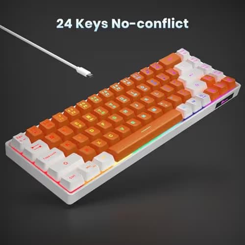 GEODMAER 65% Gaming Keyboard, LED Backlit Mini Wired Keyboard, Ultra-Compact Anti-Ghosting No-Conflict 68 Keys Membrane Gaming Wired Keyboard for PC Laptop Windows Gamer(Orange-White) image