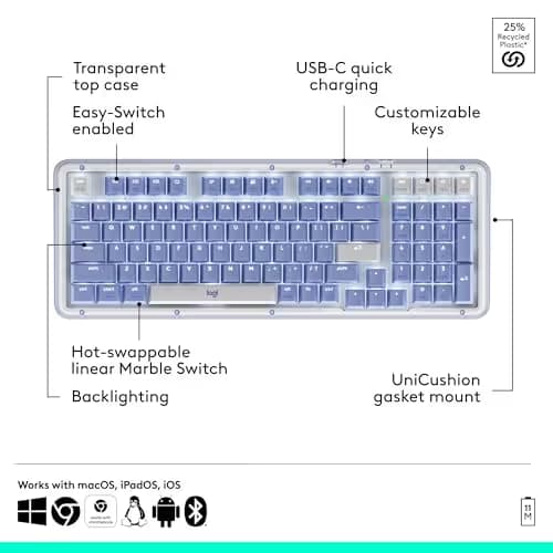 Logitech Alto Keys K98M Wireless Mechanical Keyboard, Customizable Keyboard with Vibration Absorbing Gasket, Backlit Keys, Bluetooth, USB-C Charging, for PC, Mac, Laptops - Lilac image