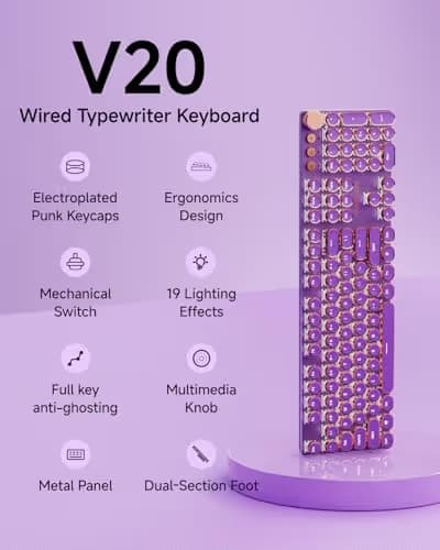 SEUNKWANG EWEADN Typewriter Style Mechanical Keyboard, Wired Typewriter Keyboards,104 Keys Backlit LED Metal Keyboards, Media Control Knob, Wired Computer Keyboard Pink Switch for Windows/PC-Purple image