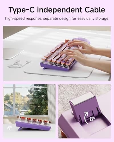 SEUNKWANG EWEADN Typewriter Style Mechanical Keyboard, Wired Typewriter Keyboards,104 Keys Backlit LED Metal Keyboards, Media Control Knob, Wired Computer Keyboard Pink Switch for Windows/PC-Purple image