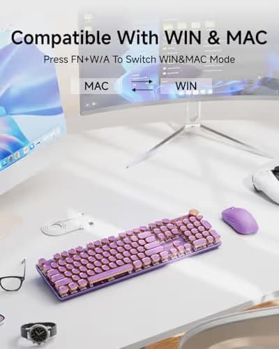 SEUNKWANG EWEADN Typewriter Style Mechanical Keyboard, Wired Typewriter Keyboards,104 Keys Backlit LED Metal Keyboards, Media Control Knob, Wired Computer Keyboard Pink Switch for Windows/PC-Purple image