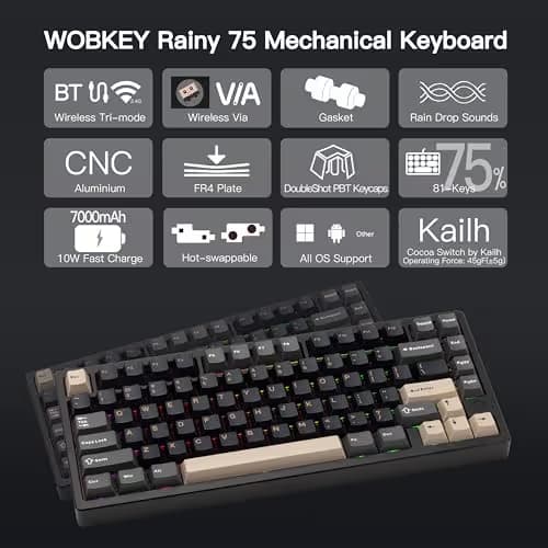 KEEBMONKEY WOBKEY Rainy 75 CNC Aluminum HMX/JWK/Cocoa Switches Triple-Mode Connectivity Mechanical Keyboard with Superior Acoustics, RGB/FR4/Silver SUS304/7000mAh/Cocoa Switch (Pro - Black) image