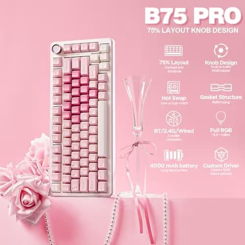 YUNZII B75 PRO Wireless Mechanical Keyboard,75% Layout with Knob,Hot Swap Gasket Custom Structure,Creamy Pre-lubed Switches,RGB Backlit,Bluetooth/Type-C/2.4G for Win/Mac(Cocoa Cream V2 Switch,Pink) image