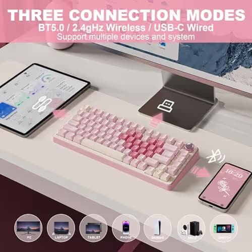 YUNZII B75 PRO Wireless Mechanical Keyboard,75% Layout with Knob,Hot Swap Gasket Custom Structure,Creamy Pre-lubed Switches,RGB Backlit,Bluetooth/Type-C/2.4G for Win/Mac(Cocoa Cream V2 Switch,Pink) image