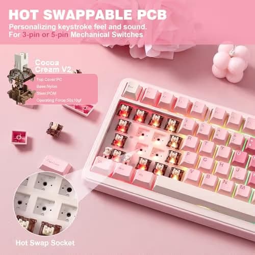 YUNZII B75 PRO Wireless Mechanical Keyboard,75% Layout with Knob,Hot Swap Gasket Custom Structure,Creamy Pre-lubed Switches,RGB Backlit,Bluetooth/Type-C/2.4G for Win/Mac(Cocoa Cream V2 Switch,Pink) image