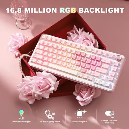 YUNZII B75 PRO Wireless Mechanical Keyboard,75% Layout with Knob,Hot Swap Gasket Custom Structure,Creamy Pre-lubed Switches,RGB Backlit,Bluetooth/Type-C/2.4G for Win/Mac(Cocoa Cream V2 Switch,Pink) image