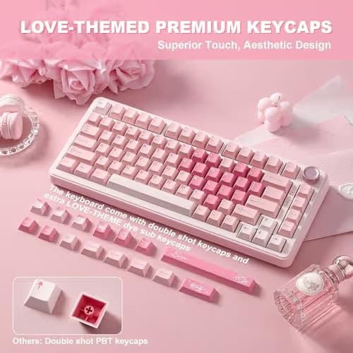 YUNZII B75 PRO Wireless Mechanical Keyboard,75% Layout with Knob,Hot Swap Gasket Custom Structure,Creamy Pre-lubed Switches,RGB Backlit,Bluetooth/Type-C/2.4G for Win/Mac(Cocoa Cream V2 Switch,Pink) image