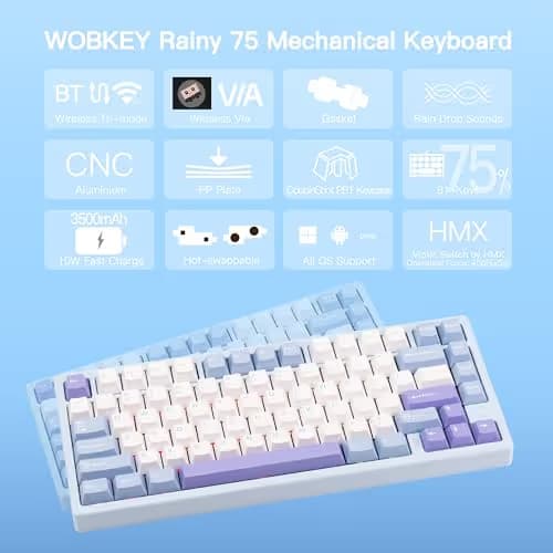 KEEBMONKEY WOBKEY Rainy 75 CNC Aluminum HMX/JWK/Cocoa Switches Triple-Mode Connectivity Mechanical Keyboard with Superior Acoustics, RGB/PP/Gradient Glass/3500mAh/Violet Switch (Standard - Blue) image