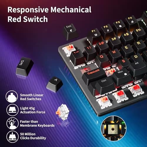 Newmen GM325Pro Mechanical Keyboard,104 Keys Rainbow LED Backlit Wired Gaming Keyboards,Hot-Swap Metal Panel ABS Black Keycaps Gaming Mechanical Keyboard for Windows Laptop PC Linear Red Switches image