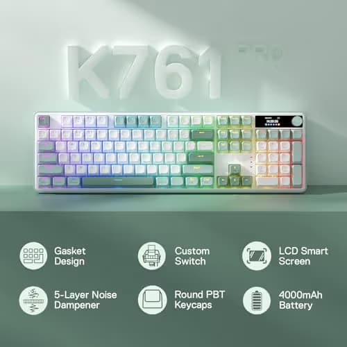 Redragon K761 Wireless Gasket Gaming Keyboard w/Hype Screen & Knob, 104 Keys Mechanical Keyboard, Easy-Control 1.26’’ TFT Info Display, 5-Layer Noise Dampening, Custom Linear Switch, Jade Cloud Color image
