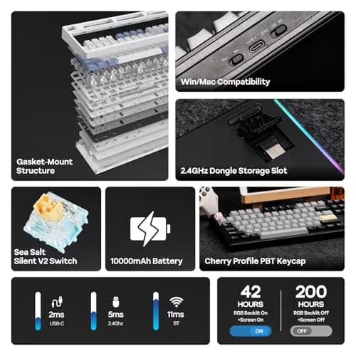 EPOMAKER TH108 PRO Full Size Mechanical Keyboard with Screen & Knob, Wireless Gaming Keyboard with 10000mAh, Creamy Gasket, Hot Swap, Custom Driver, RGB Backlight (Black, Sea Salt Silent) image
