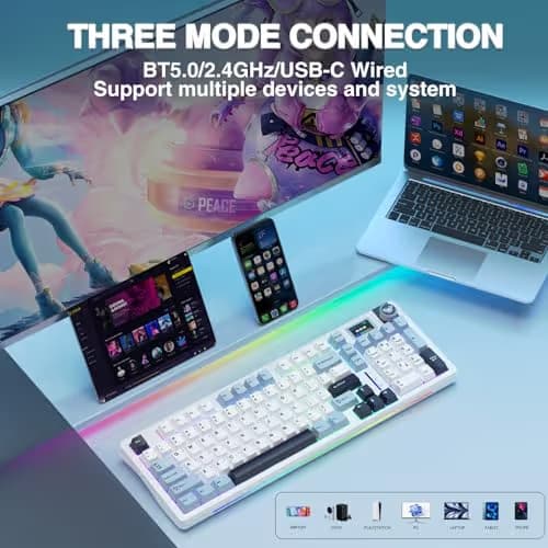 AULA S98 Pro Wireless Mechanical Keyboard,Smart Screen & Knob,Tri-Mode BT5.0/USB-C/2.4GHz Creamy Keyboard,Pre-lubed Linear Switches,Hot Swappable RGB Backlit Computer Gaming Keyboards image