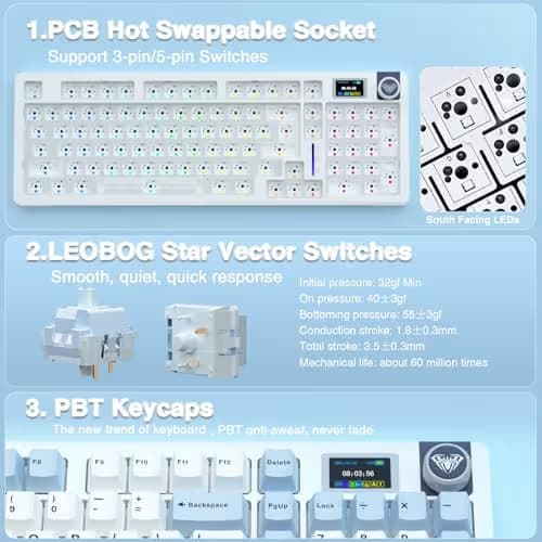 AULA S98 Pro Wireless Mechanical Keyboard,Smart Screen & Knob,Tri-Mode BT5.0/USB-C/2.4GHz Creamy Keyboard,Pre-lubed Linear Switches,Hot Swappable RGB Backlit Computer Gaming Keyboards image