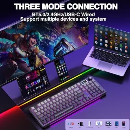 AULA S98 Pro Wireless Mechanical Keyboard with Screen & Knob,2.4GHz/USB-C/BT5.0 Hot Swappable Creamy Keyboard,Pre-lubed Linear Switches,Side Printed PBT Keycaps,RGB Backlit Gaming Keyboards image