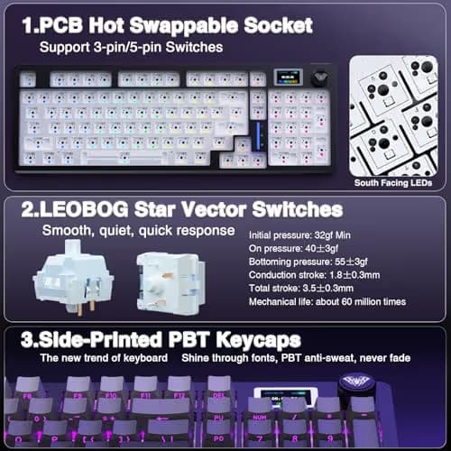 AULA S98 Pro Wireless Mechanical Keyboard with Screen & Knob,2.4GHz/USB-C/BT5.0 Hot Swappable Creamy Keyboard,Pre-lubed Linear Switches,Side Printed PBT Keycaps,RGB Backlit Gaming Keyboards image
