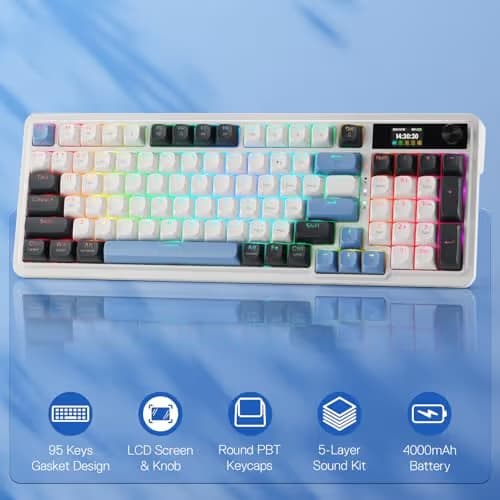 Redragon K719 Wireless Gasket Gaming Keyboard w/Hype Screen & Knob, 95 Keys Mechanical Keyboard, Easy-Control 1.14’’ TFT Info Display, 5-Layer Noise Dampener, Round PBT Keycaps, Mint Mambo Switch image