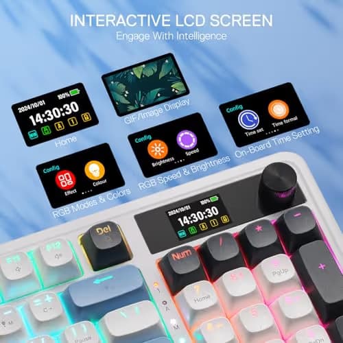 Redragon K719 Wireless Gasket Gaming Keyboard w/Hype Screen & Knob, 95 Keys Mechanical Keyboard, Easy-Control 1.14’’ TFT Info Display, 5-Layer Noise Dampener, Round PBT Keycaps, Mint Mambo Switch image