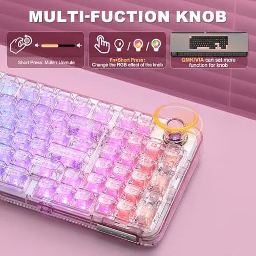 YUNZII X98 QMK/VIA Wireless Mechanical Gaming Keyboard with Knob,Tri-Mode BT5.0/USB-C/2.4GHz Hot Swappable Keyboard,Pre-lubed Switches Gasket Mount RGB Backlit for Wins/Mac (Pink, Crystal Switch) image