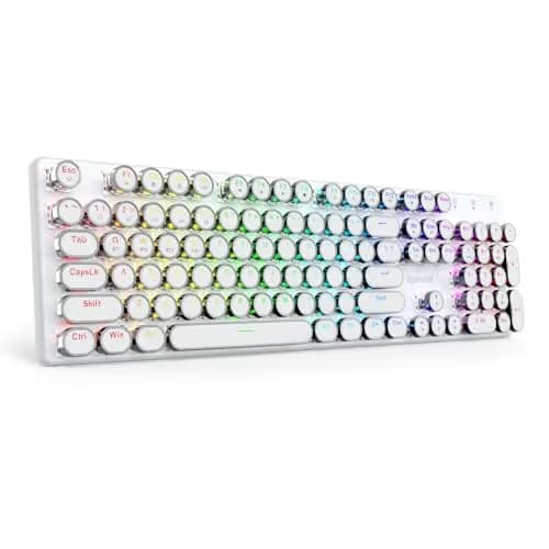 Redragon K710 Wireless Typewriter Mechanical Gaming Keyboard, Bluetooth/2.4Ghz/Wired, RGB LED Backlit, Blue Switch - Clicky, Rechargeable, Solid Metal Panel, Round Keycaps, White image
