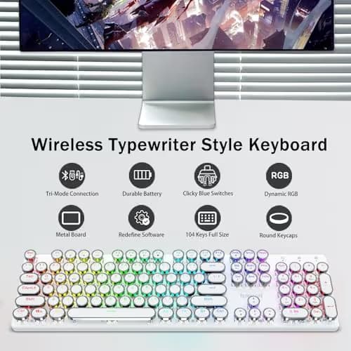 Redragon K710 Wireless Typewriter Mechanical Gaming Keyboard, Bluetooth/2.4Ghz/Wired, RGB LED Backlit, Blue Switch - Clicky, Rechargeable, Solid Metal Panel, Round Keycaps, White image