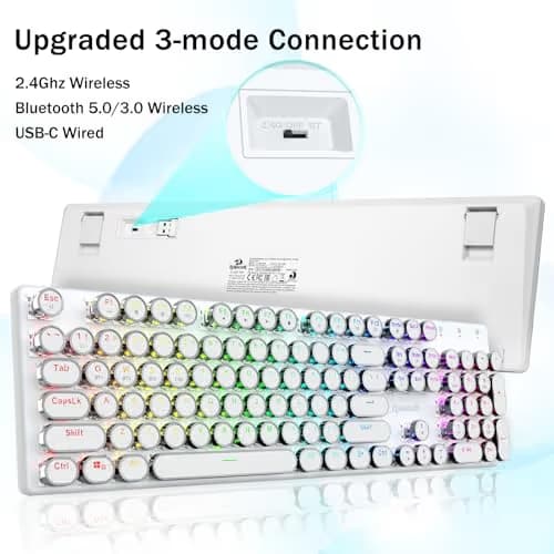 Redragon K710 Wireless Typewriter Mechanical Gaming Keyboard, Bluetooth/2.4Ghz/Wired, RGB LED Backlit, Blue Switch - Clicky, Rechargeable, Solid Metal Panel, Round Keycaps, White image