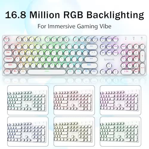 Redragon K710 Wireless Typewriter Mechanical Gaming Keyboard, Bluetooth/2.4Ghz/Wired, RGB LED Backlit, Blue Switch - Clicky, Rechargeable, Solid Metal Panel, Round Keycaps, White image