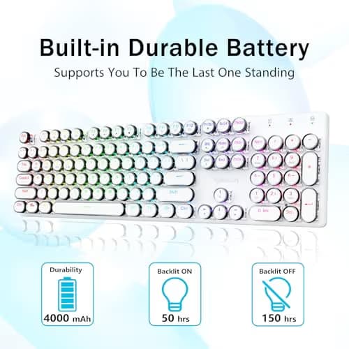 Redragon K710 Wireless Typewriter Mechanical Gaming Keyboard, Bluetooth/2.4Ghz/Wired, RGB LED Backlit, Blue Switch - Clicky, Rechargeable, Solid Metal Panel, Round Keycaps, White image