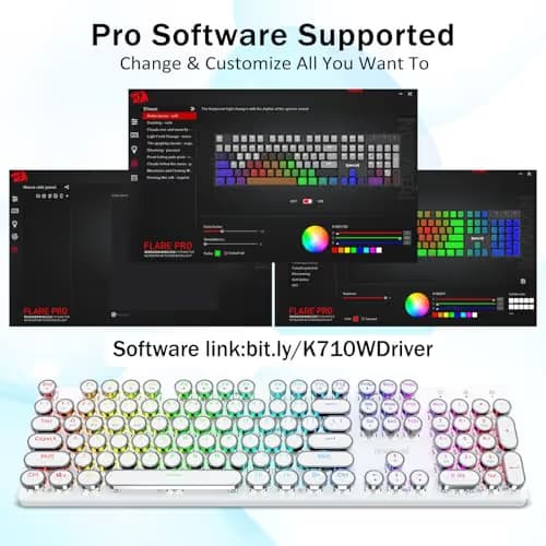 Redragon K710 Wireless Typewriter Mechanical Gaming Keyboard, Bluetooth/2.4Ghz/Wired, RGB LED Backlit, Blue Switch - Clicky, Rechargeable, Solid Metal Panel, Round Keycaps, White image