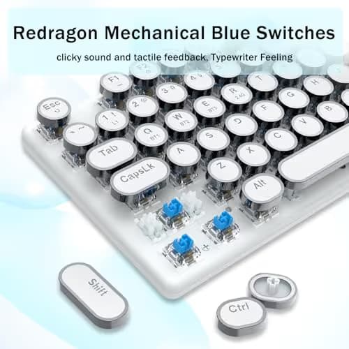 Redragon K710 Wireless Typewriter Mechanical Gaming Keyboard, Bluetooth/2.4Ghz/Wired, RGB LED Backlit, Blue Switch - Clicky, Rechargeable, Solid Metal Panel, Round Keycaps, White image