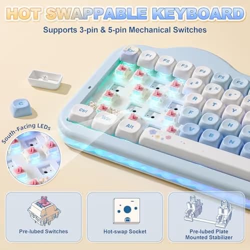 YUNZII C75 Wireless Mechanical Keyboard,75% Layout, Hot-Swappable NKRO,BT5.0/2.4G/USB-C Mode,Dye-Sub PBT MOA Keycaps,RGB Gasket Mount,Cute Cake Design for Mac/Win/Gaming (Blue, Candy Switch) image