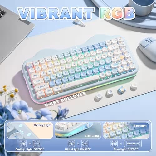 YUNZII C75 Wireless Mechanical Keyboard,75% Layout, Hot-Swappable NKRO,BT5.0/2.4G/USB-C Mode,Dye-Sub PBT MOA Keycaps,RGB Gasket Mount,Cute Cake Design for Mac/Win/Gaming (Blue, Candy Switch) image