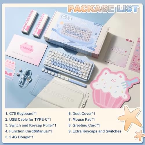 YUNZII C75 Wireless Mechanical Keyboard,75% Layout, Hot-Swappable NKRO,BT5.0/2.4G/USB-C Mode,Dye-Sub PBT MOA Keycaps,RGB Gasket Mount,Cute Cake Design for Mac/Win/Gaming (Blue, Candy Switch) image