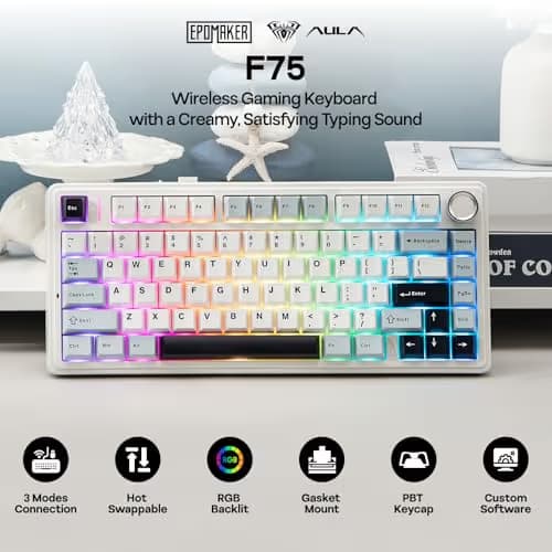 EPOMAKER x Aula F75 Gasket Mechanical Keyboard, 75% Wireless Hot Swappable Gaming Keyboard with Five-Layer Padding&Knob, BT/2.4GHz/USB-C, RGB (Light Blue, Ice Vein Switch) image