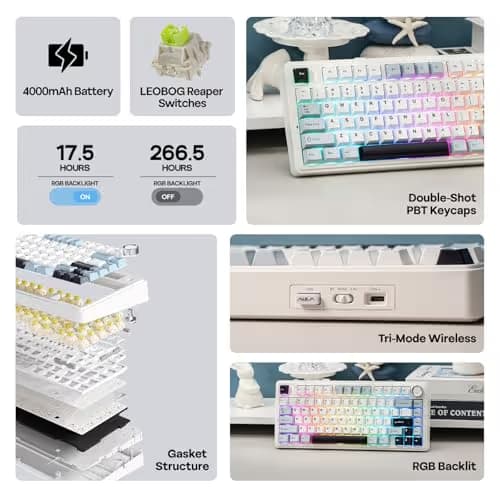 EPOMAKER x Aula F75 Gasket Mechanical Keyboard, 75% Wireless Hot Swappable Gaming Keyboard with Five-Layer Padding&Knob, BT/2.4GHz/USB-C, RGB (Light Blue, Ice Vein Switch) image