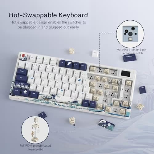 Womier SK80 75% Keyboard with Color Multimedia Display Mechanical Gaming Keyboard, Wired Hot Swappable Gasket Mount RGB Custom Key Board, Pre-lubed Stabilizer for Mac/Win, White Kanagawa image
