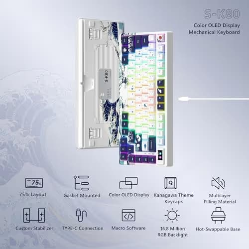 Womier SK80 75% Keyboard with Color Multimedia Display Mechanical Gaming Keyboard, Wired Hot Swappable Gasket Mount RGB Custom Key Board, Pre-lubed Stabilizer for Mac/Win, White Kanagawa image