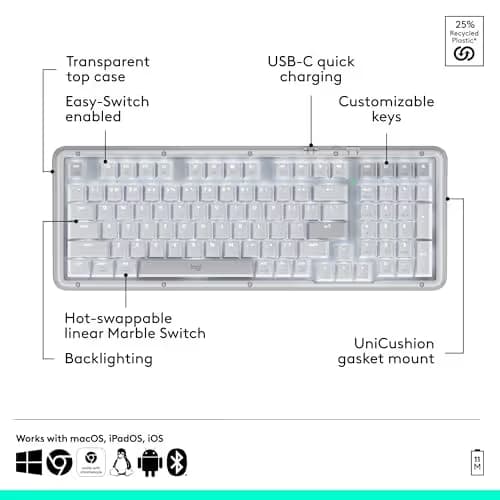 Logitech Alto Keys K98M Wireless Mechanical Keyboard, Customizable Keyboard with Vibration Absorbing Gasket, Backlit Keys, Bluetooth, USB-C Charging, for PC, Mac, Laptops - Off-White image
