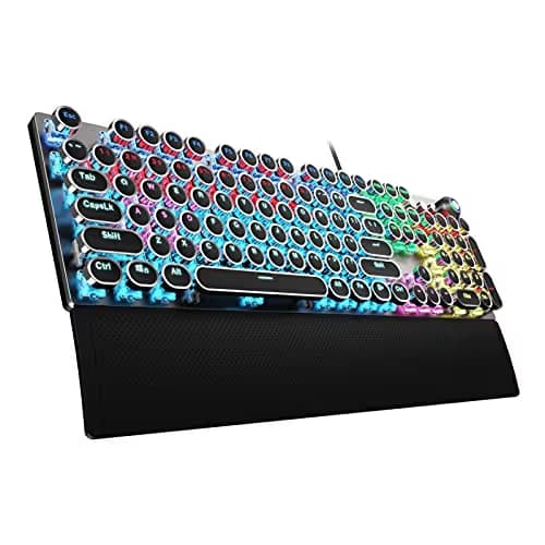 AULA F2088 Typewriter Style Mechanical Gaming Keyboard Wired,Blue Switches,Rainbow LED Backlit,Removable Wrist Rest,Media Control Knob,Retro Punk Round Keycaps,USB Wired Computer Keyboard image