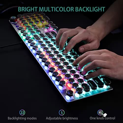 AULA F2088 Typewriter Style Mechanical Gaming Keyboard Wired,Blue Switches,Rainbow LED Backlit,Removable Wrist Rest,Media Control Knob,Retro Punk Round Keycaps,USB Wired Computer Keyboard image