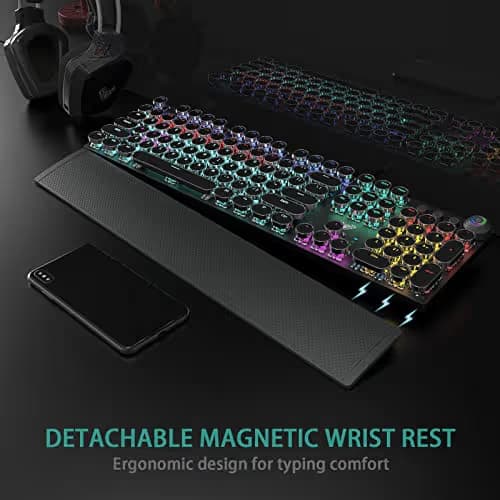 AULA F2088 Typewriter Style Mechanical Gaming Keyboard Wired,Blue Switches,Rainbow LED Backlit,Removable Wrist Rest,Media Control Knob,Retro Punk Round Keycaps,USB Wired Computer Keyboard image