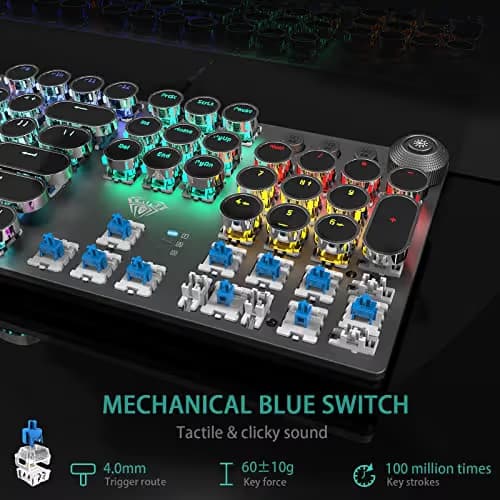 AULA F2088 Typewriter Style Mechanical Gaming Keyboard Wired,Blue Switches,Rainbow LED Backlit,Removable Wrist Rest,Media Control Knob,Retro Punk Round Keycaps,USB Wired Computer Keyboard image