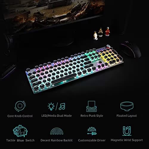 AULA F2088 Typewriter Style Mechanical Gaming Keyboard Wired,Blue Switches,Rainbow LED Backlit,Removable Wrist Rest,Media Control Knob,Retro Punk Round Keycaps,USB Wired Computer Keyboard image