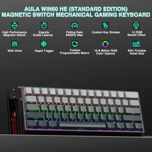 Aula WIN60 HE - 60% Mechanical Gaming Keyboard Wired, Hall Effect Magnetic Switch Hot Swappable,8000 Hz Polling Rate, RGB Keyboard 60 Percent Compact Design for PC (Gradient Gray) image