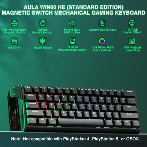 Aula WIN60 HE - 60% Mechanical Gaming Keyboard Wired, Magnetic Switch Hot Swappable, Adjustable Actuation Rapid Trigger Mode, 8000 Hz Polling Rate, RGB Small Keyboard 60 Percent Compact Design for PC image