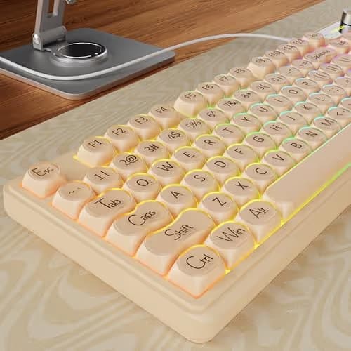 EWEADN V102 Wired Keyboard, 98 Keys Creamy Gaming Keyboard with Number Pad, Display Screen & Media Knob RGB Silent Wired Cute Computer Keyboard for Laptop PC Gamer - Cream Pink main image