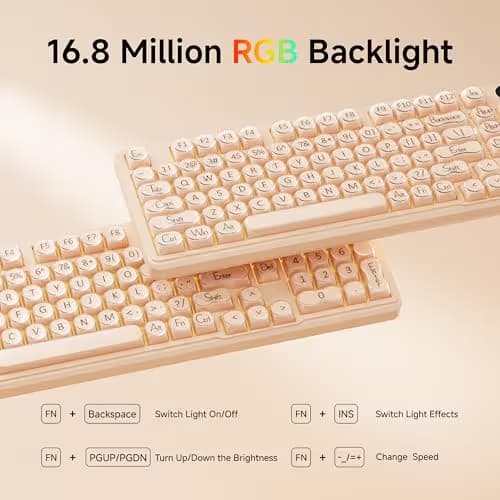EWEADN V102 Wired Keyboard, 98 Keys Creamy Gaming Keyboard with Number Pad, Display Screen & Media Knob RGB Silent Wired Cute Computer Keyboard for Laptop PC Gamer - Cream Pink image