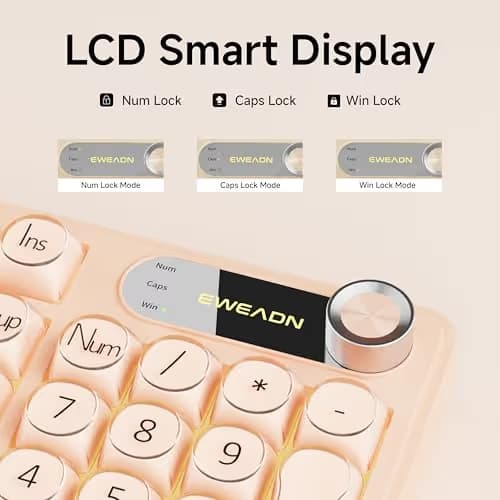 EWEADN V102 Wired Keyboard, 98 Keys Creamy Gaming Keyboard with Number Pad, Display Screen & Media Knob RGB Silent Wired Cute Computer Keyboard for Laptop PC Gamer - Cream Pink image