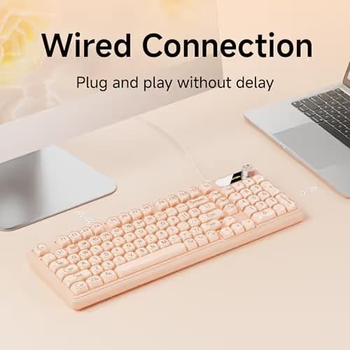 EWEADN V102 Wired Keyboard, 98 Keys Creamy Gaming Keyboard with Number Pad, Display Screen & Media Knob RGB Silent Wired Cute Computer Keyboard for Laptop PC Gamer - Cream Pink image