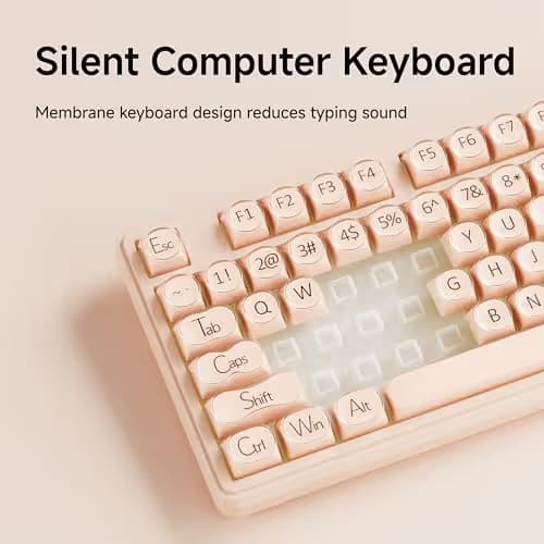 EWEADN V102 Wired Keyboard, 98 Keys Creamy Gaming Keyboard with Number Pad, Display Screen & Media Knob RGB Silent Wired Cute Computer Keyboard for Laptop PC Gamer - Cream Pink image